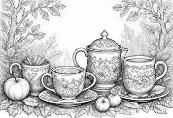 Fototapeta premium Romantic autumn afternoon tea coloring page