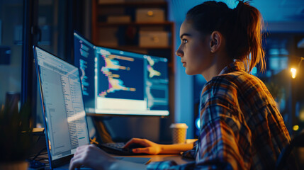 A female junior software engineer writes code on a desktop computer with two monitors and a laptop in a stylish office. A Caucasian woman working on an artificial intelligence service for a big tech