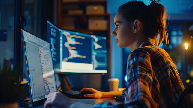 A female junior software engineer writes code on a desktop computer with two monitors and a laptop in a stylish office. A Caucasian woman working on an artificial intelligence service for a big tech