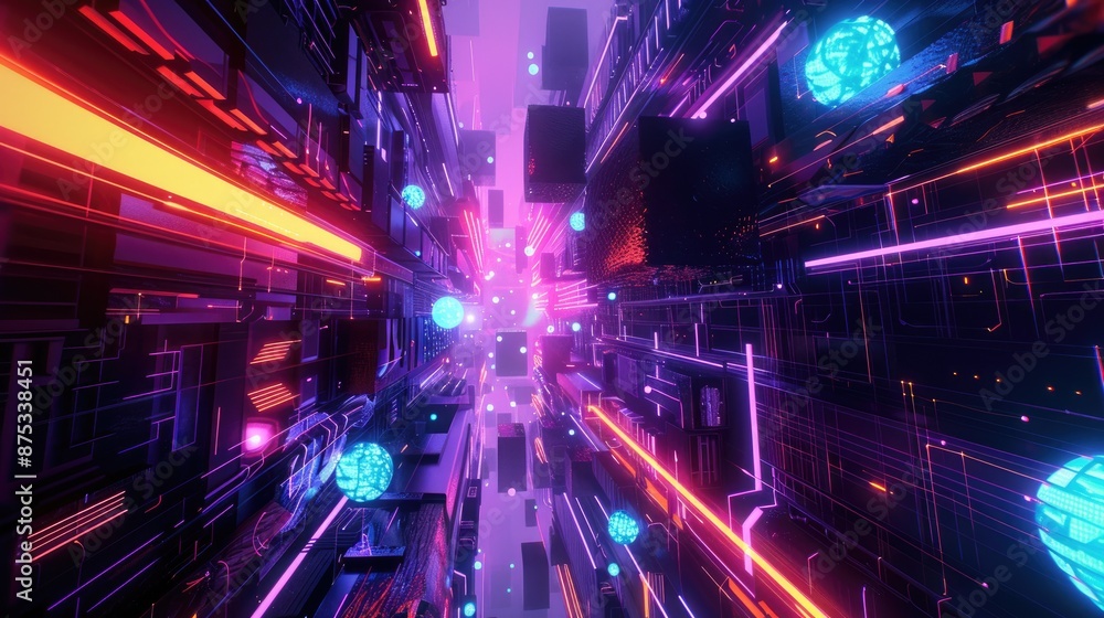 Poster futuristic neon-lit digital cityscape with glowing lights and abstract structures representing high-