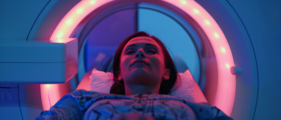 A serene moment of a woman undergoing an MRI scan, highlighted by the soothing glow of pink and blue lights within the machine.