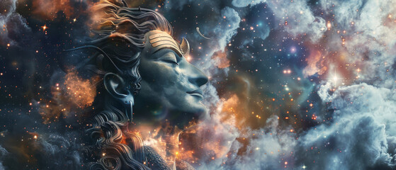 A majestic stone statue of a serene deity set against a backdrop of swirling, colorful cosmic clouds, embodying tranquility and divinity.