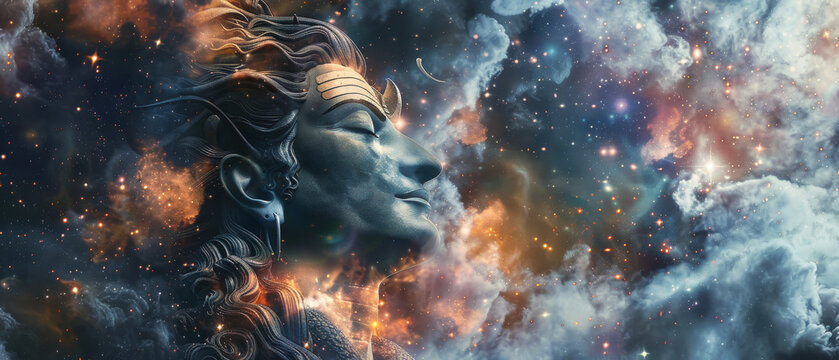 A majestic stone statue of a serene deity set against a backdrop of swirling, colorful cosmic clouds, embodying tranquility and divinity.