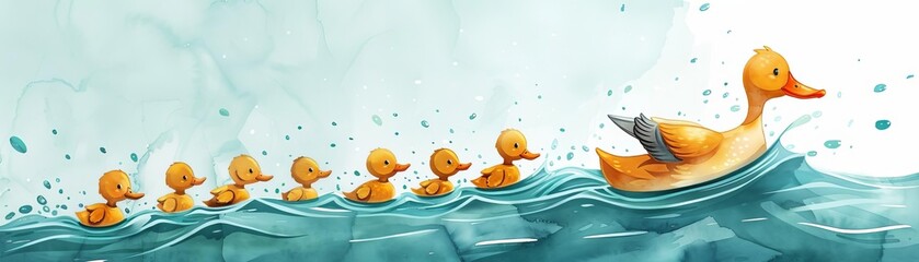 Naklejka premium A mother duck leading her ducklings, showing care, pond setting, bright and lively, watercolor style