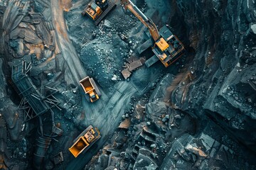 Aerial view of mining site with heavy machinery working on excavation, showcasing industrial equipment and rugged terrain.