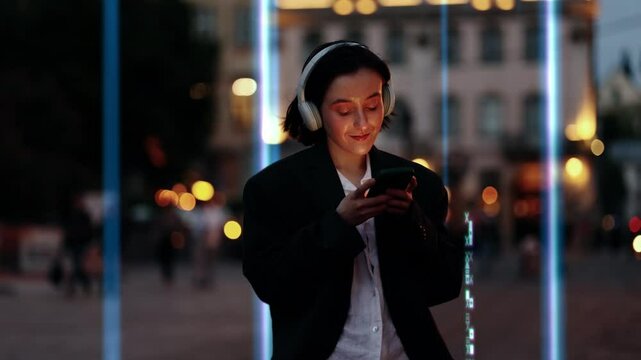 Charming young caucasian woman with headphones using smartphone mobile phone walking down the night city street simulation Digital binary code processing on background Matrix concept