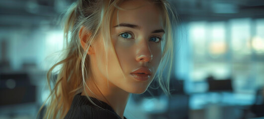 Intense Blue-Eyed Young Woman Inside Modern Office. Generative ai