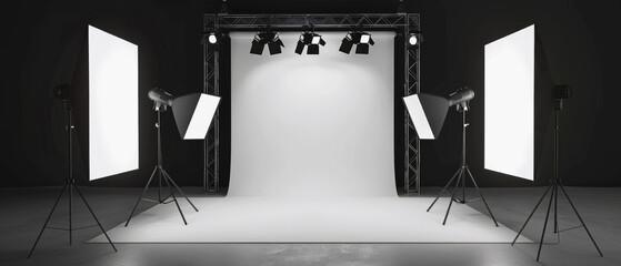 A professional photography studio setup with softbox lights illuminating a central backdrop, ready for a photoshoot session.