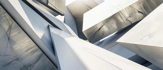 Obraz premium Abstract geometric design with interlocking metallic shapes and shadows.