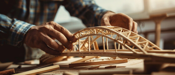 A craftsman&rsquo;s hands meticulously work on a detailed wooden bridge model, bathed in soft natural light on a cluttered workbench.