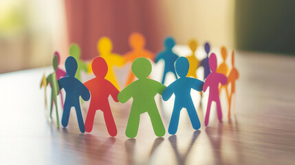 Multicolored paper cutout figures holding hands in a circle, symbolizing unity, diversity, and teamwork.