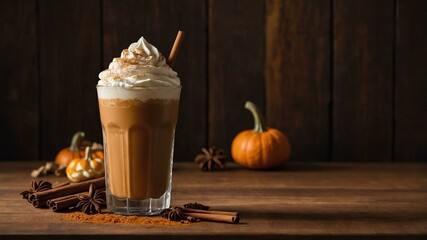 pumpkin spice frapp a seasonal favorite made with pum served aesthetically in a tall glass and wooden table