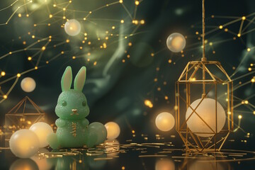 Green glitter rabbit with geometric lanterns and glowing orbs on dark background, symbolizing modern Mid-Autumn Festival celebration