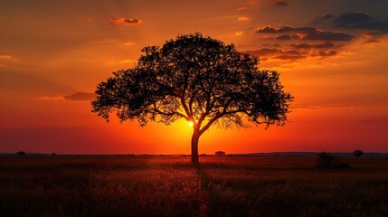 Naklejka premium Solitary Tree Silhouette at Sunset
