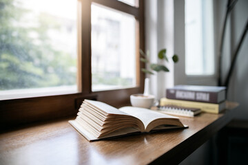 Fototapeta premium An open book for reading and relaxing with coffee drink on wooden table by the window in cafe
