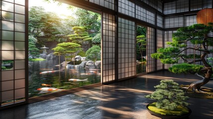 Fototapeta premium A traditional Japanese samurai residence with sliding paper doors and a peaceful garden with a koi pond and bonsai trees.