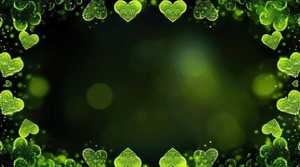 A pattern of small neon green hearts creating a border around the edges of a vertical mobile wallpaper. The center is a solid black bokeh with a fine mist of green glitter, focusing 