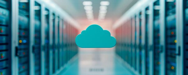 Cloud computing concept with a cloud icon in a modern data center, symbolizing data storage and internet technology.
