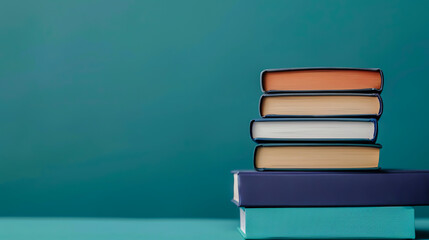 Stack of colorful books on a desk with teal background, perfect for education or literature themes.