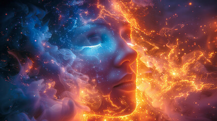 Ethereal Face with Glowing Aura in Mystical Cosmic Light and Colors