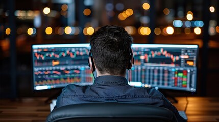 A trader in a chic office handling forex, crypto, and options portfolios, dual monitors displaying charts, indicators, trading software, alongside financial reports and market analysis tools.