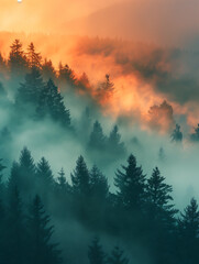 Fototapeta premium Mist Landscape Beautiful scene, forest and mountain, the morning fog at sunrise