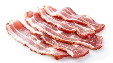 Freshly sliced strips of uncooked bacon on a clean white background, ready for cooking or as an ingredient in various dishes.