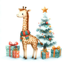 Obraz premium Watercolor painting of giraffe christmas theme on​​ white background