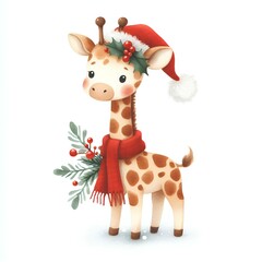 Watercolor painting of  giraffe christmas theme on​​ white background