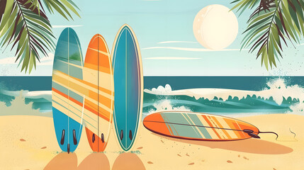 Flat vector illustration of surfing board on tropical sandy beach