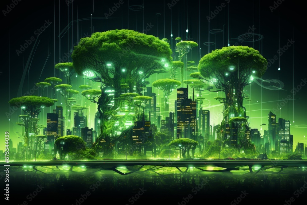 Poster Technologically advanced city with illuminated trees