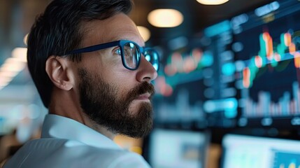 A team of financial analysts reviewing currency and forex exchange rates in a contemporary office, using charts and data on large screens to discuss the value of different currencies.