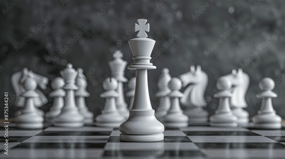 Poster manager with a chessboard and pieces in a team layout, symbolizing employee management, isolated on 