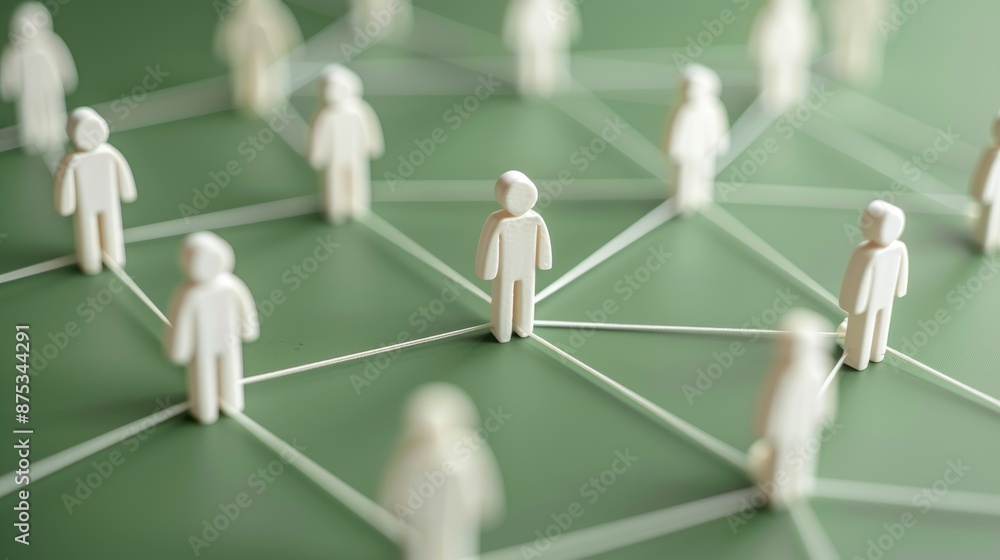 Poster group of people are connected by a string, with some people standing alone and others in groups. con