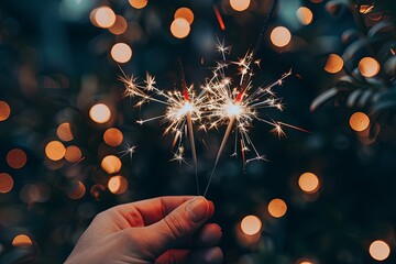 Hand holding sparklers with bokeh lights in background.