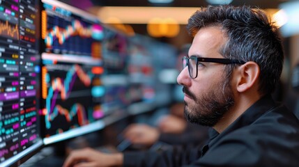 Traders in a stylish office observing currency and forex exchange rates along with crypto market trends, using multiple screens to show real-time data, charts, and trading platforms.