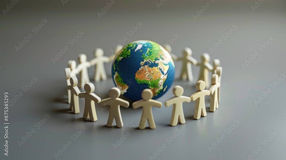 Poster group of figures forming a circle around a globe in a simple 3d render, emphasizing environmental ca