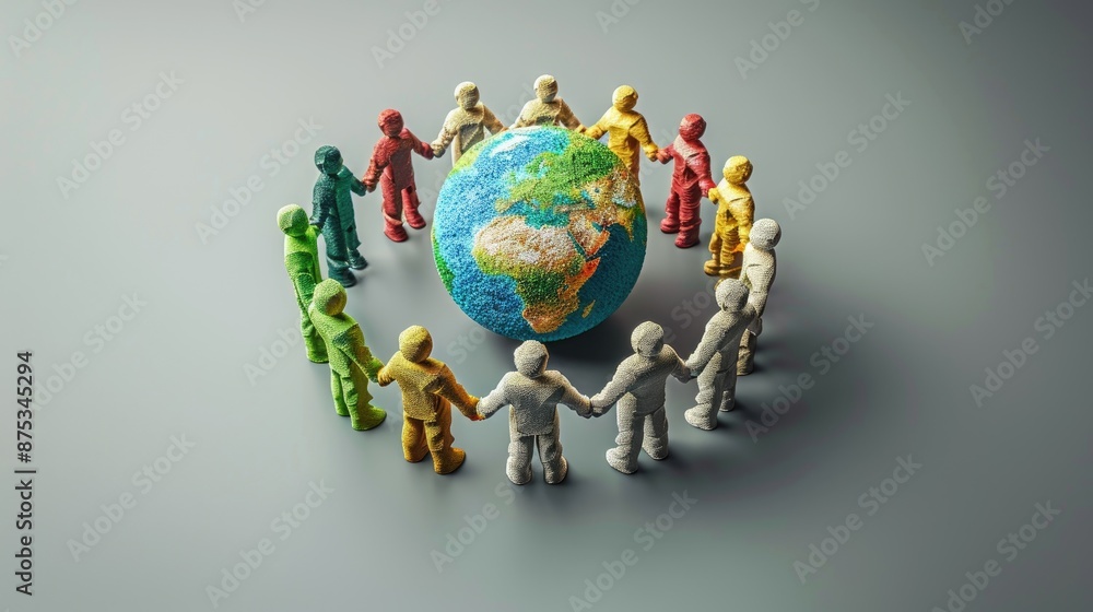 Poster group of figures forming a circle around a globe in a simple 3d render, emphasizing environmental ca