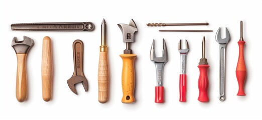 A collection of various tools, including pliers and wrenches, arranged neatly on a white background.