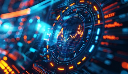 Digital stock market background with a trading graph and futuristic interface elements in the style of blue colors and orange glow effects, close-up view of a digital screen displaying financial data