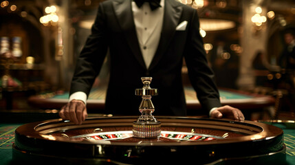 A man in a tuxedo is standing in front of a roulette wheel