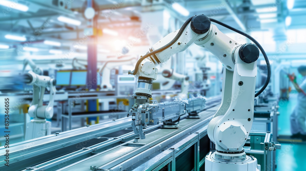 Aufkleber a robot is working on a conveyor belt in a factory
