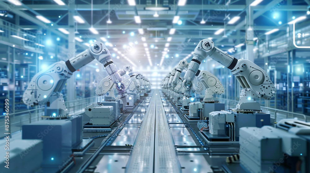 Aufkleber a factory with robots working on a conveyor belt