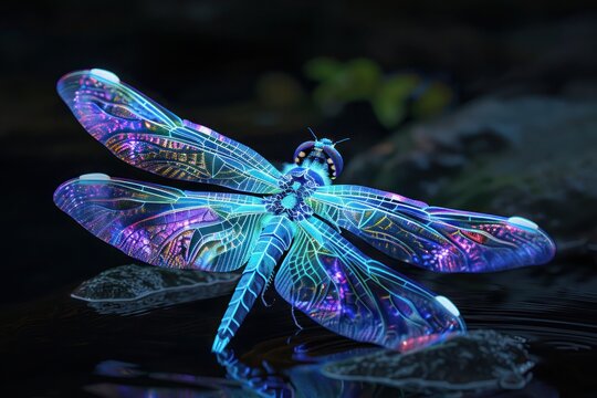 An artistic rendering of a neon blue and purple dragonfly, its wings delicately patterned and glowing, set against a shadowy black pond. The image blends natural