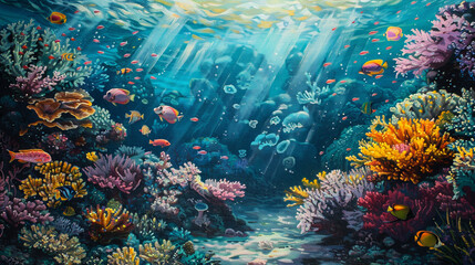 Naklejka premium A painting of a coral reef with many fish swimming around