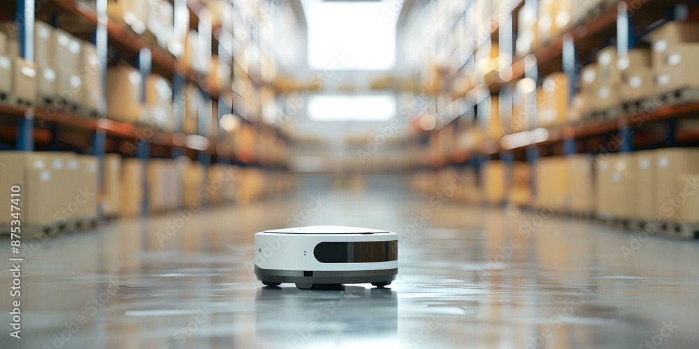 Poster automating inventory management and delivery in storage warehouses with robotics. concept warehouse 
