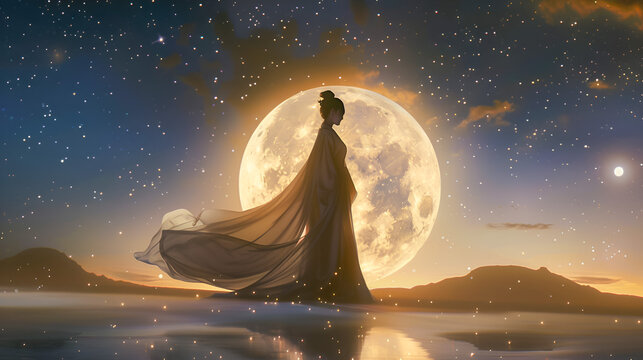 Beautiful woman in long robes on a moon background