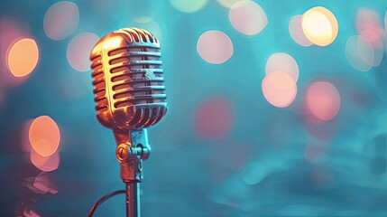 Vintage Microphone with Blue and Orange Bokeh Lights.