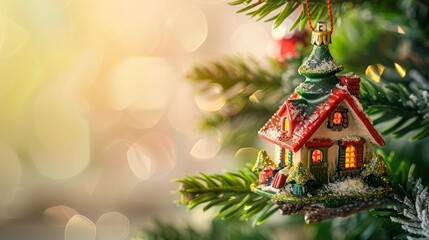 Christmas tree toy in form of a house on a branch. Christmas mood background. Vacation atmosphere. Chousing rental concept, realtor services, mortgage, purchase, loan. Mortgage buying real estate