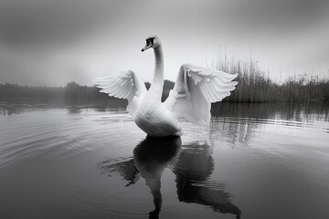 black and white photo of a swan with wings spread, standing on water, reflection in the style of digital minimalism